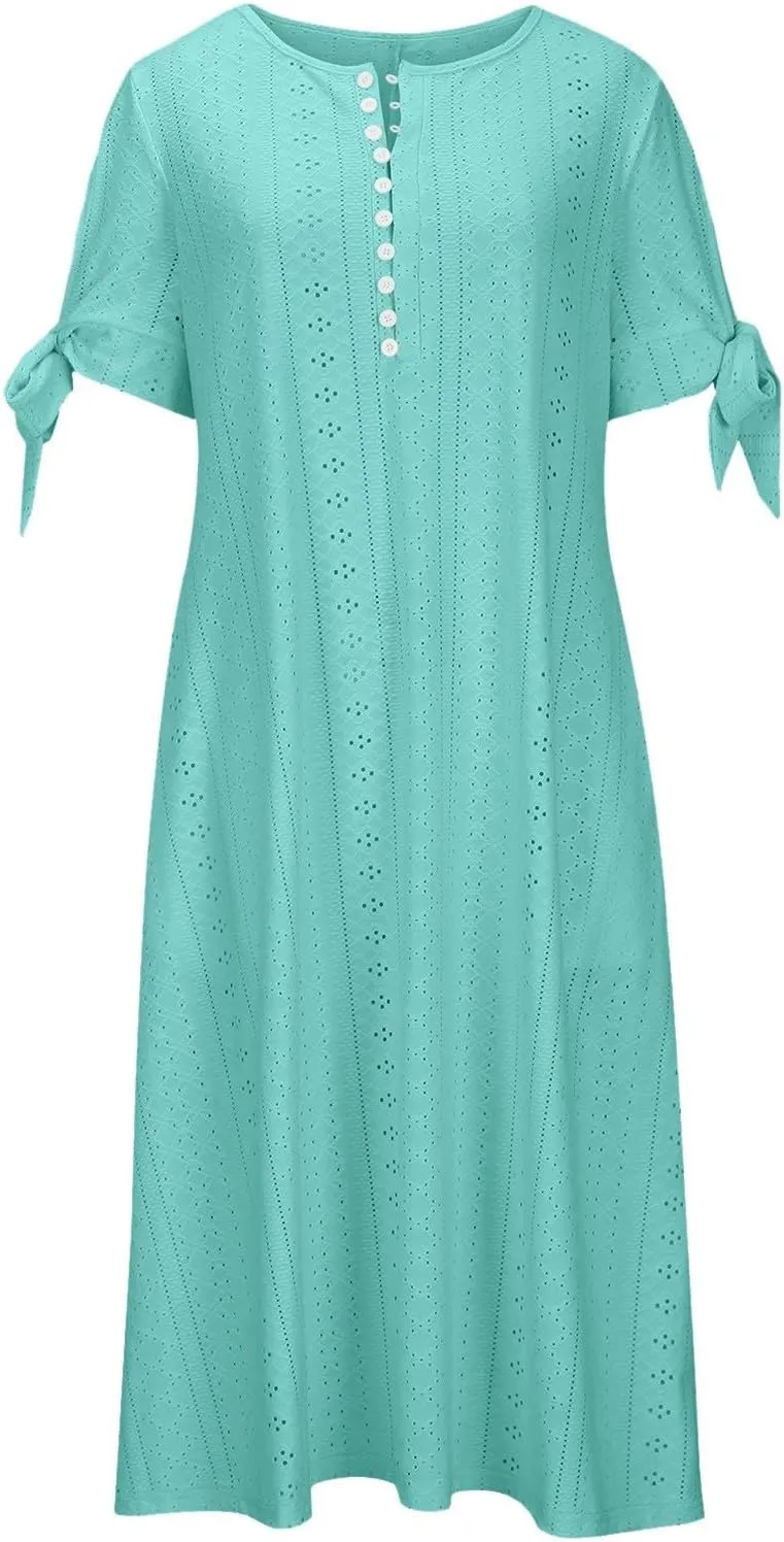 Summer Dresses for Women 2025 Vacation Boho Eyelet V Neck Short Sleeve Maxi Dress Casual Flowy Beach Sundress with Pockets