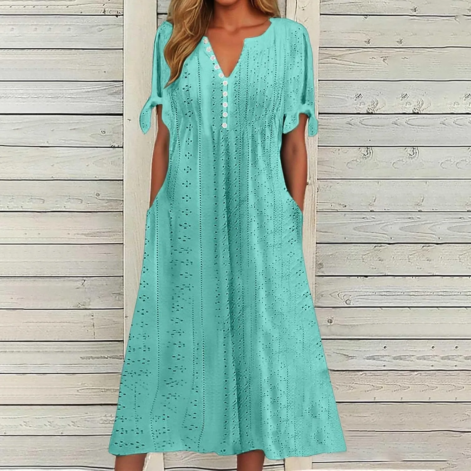 Summer Dresses for Women 2025 Vacation Boho Eyelet V Neck Short Sleeve Maxi Dress Casual Flowy Beach Sundress with Pockets