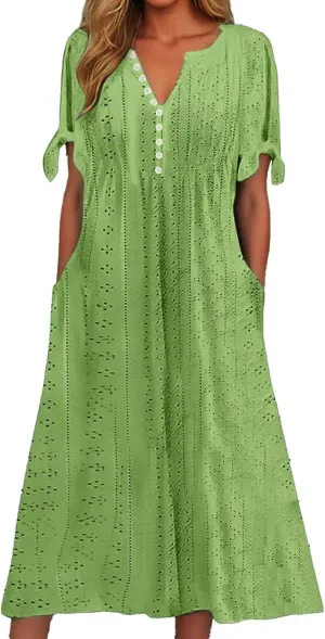 Summer Dresses for Women 2025 Vacation Boho Eyelet V Neck Short Sleeve Maxi Dress Casual Flowy Beach Sundress with Pockets