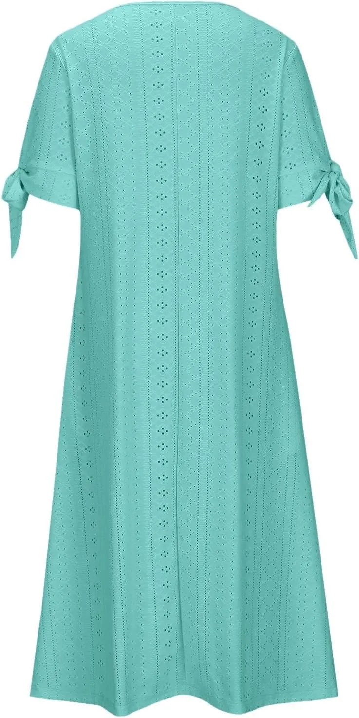 Summer Dresses for Women 2025 Vacation Boho Eyelet V Neck Short Sleeve Maxi Dress Casual Flowy Beach Sundress with Pockets