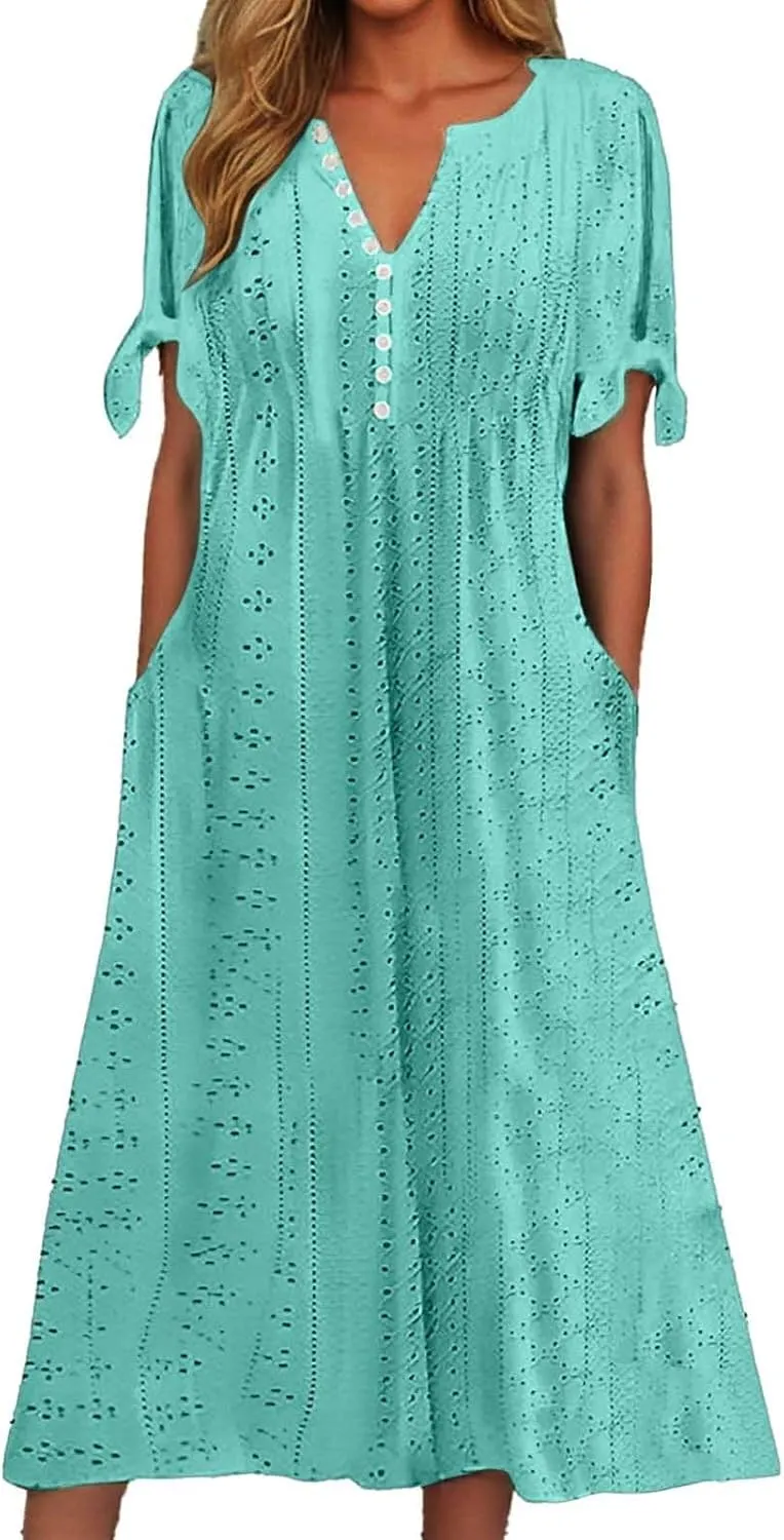 Summer Dresses for Women 2025 Vacation Boho Eyelet V Neck Short Sleeve Maxi Dress Casual Flowy Beach Sundress with Pockets
