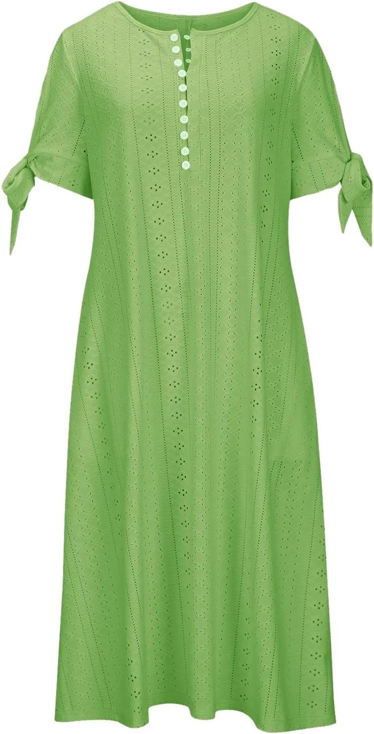 Summer Dresses for Women 2025 Vacation Boho Eyelet V Neck Short Sleeve Maxi Dress Casual Flowy Beach Sundress with Pockets