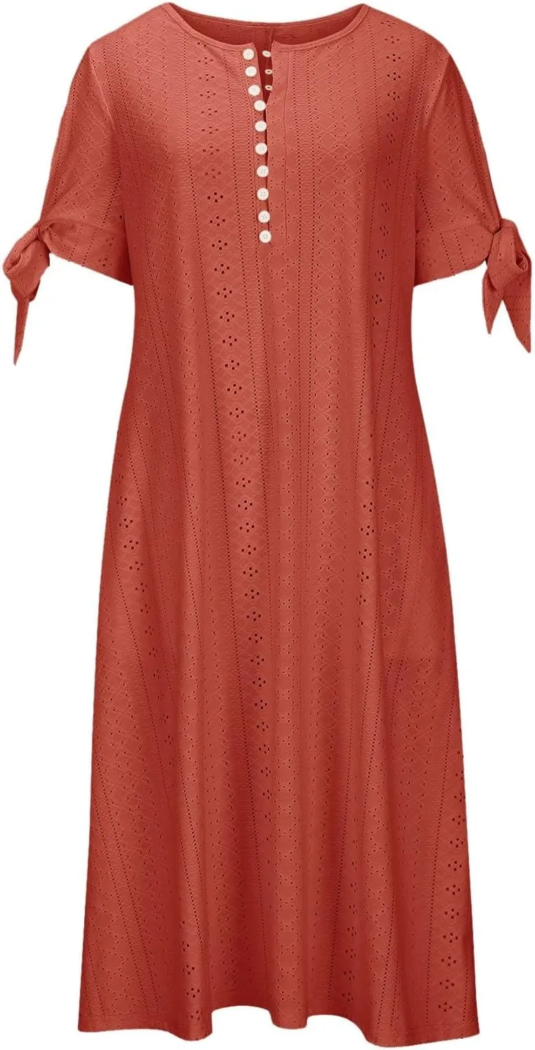 Summer Dresses for Women 2025 Vacation Boho Eyelet V Neck Short Sleeve Maxi Dress Casual Flowy Beach Sundress with Pockets