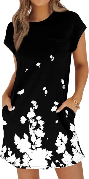 Summer Dresses for Women 2025s Casual Cap Sleeve Crewneck Loose Mini Dresses Casual Retro Beach T Shirt Dres