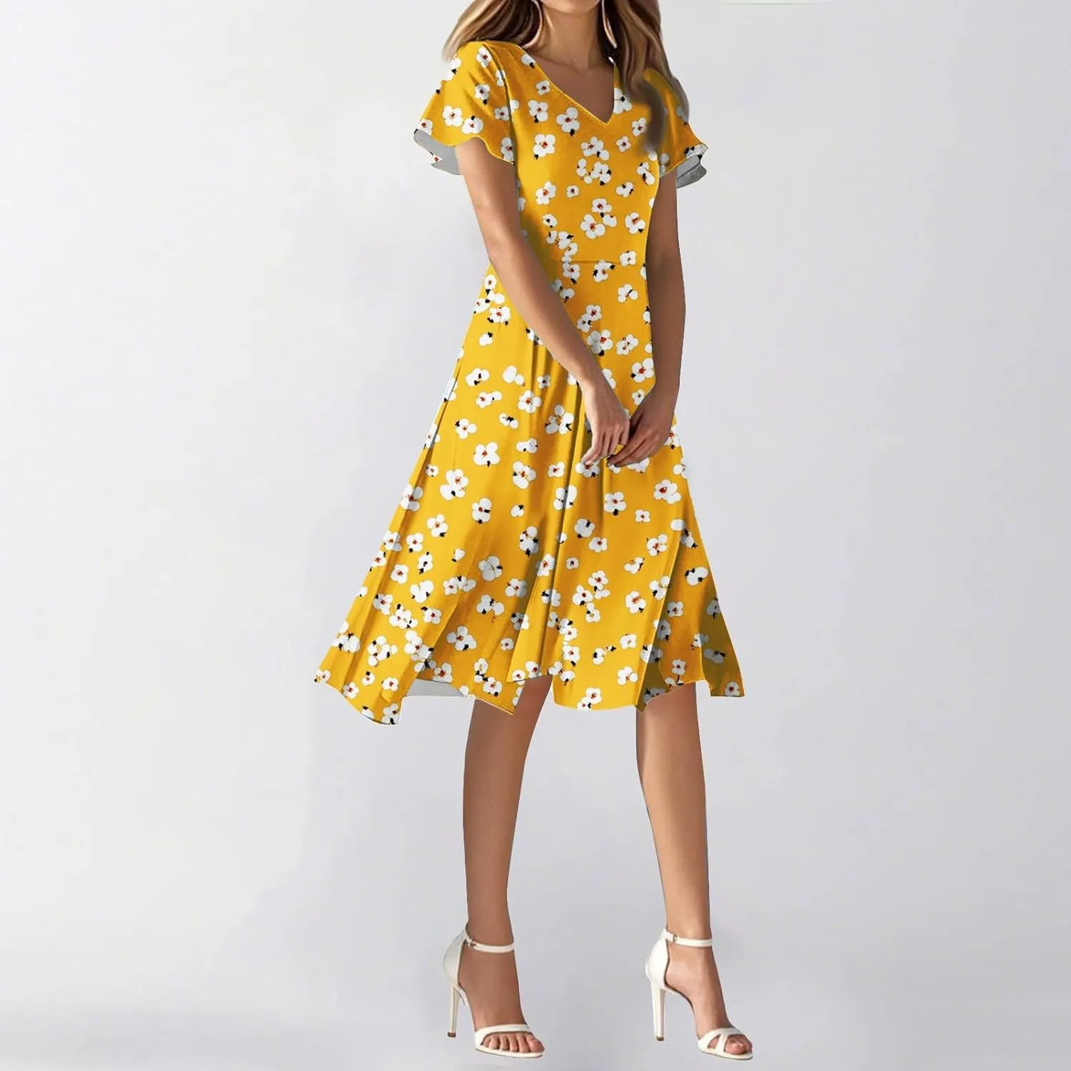 Summer Dresses for Women 205 Trendy Vacation V Neck Short Sleeve Knee Length Midi Boho Floral Flowy Sundresses