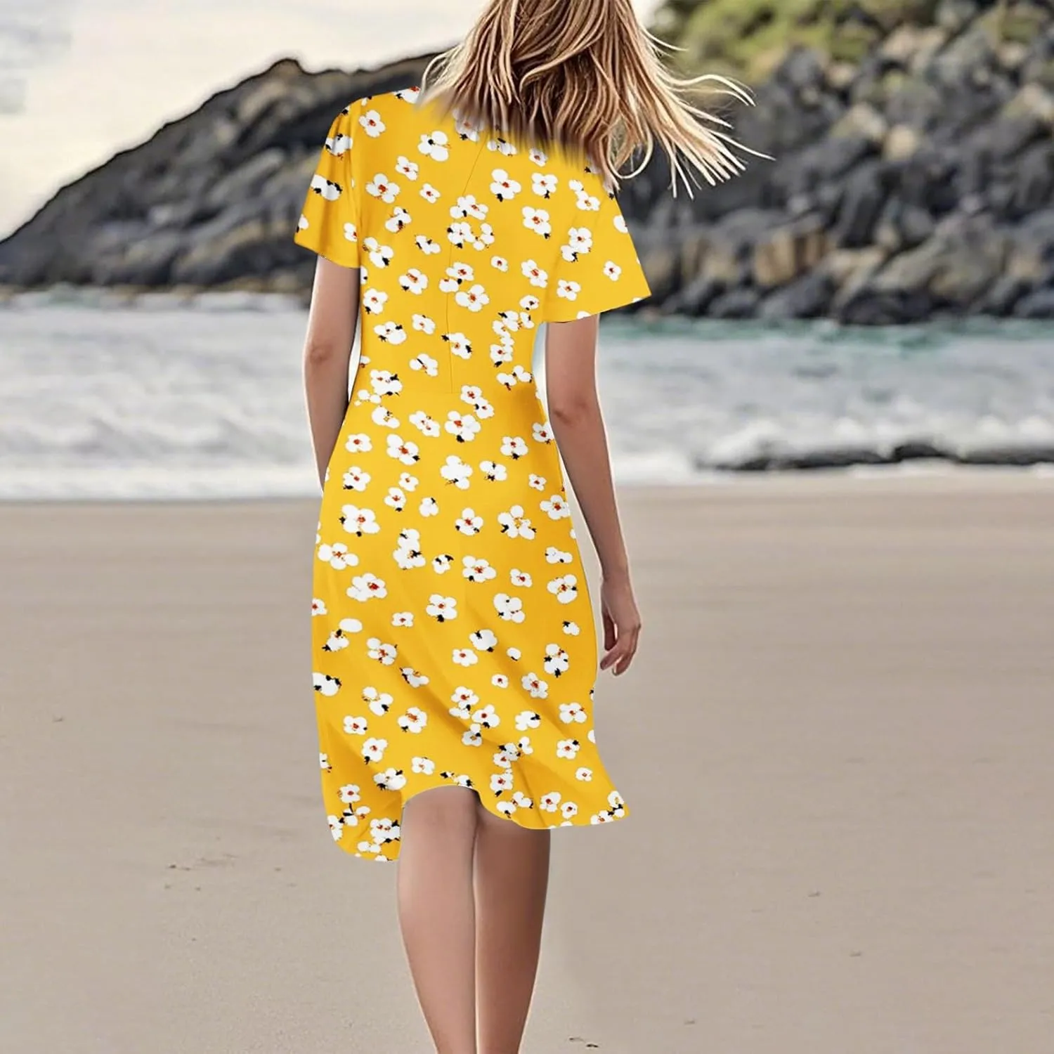 Summer Dresses for Women 205 Trendy Vacation V Neck Short Sleeve Knee Length Midi Boho Floral Flowy Sundresses