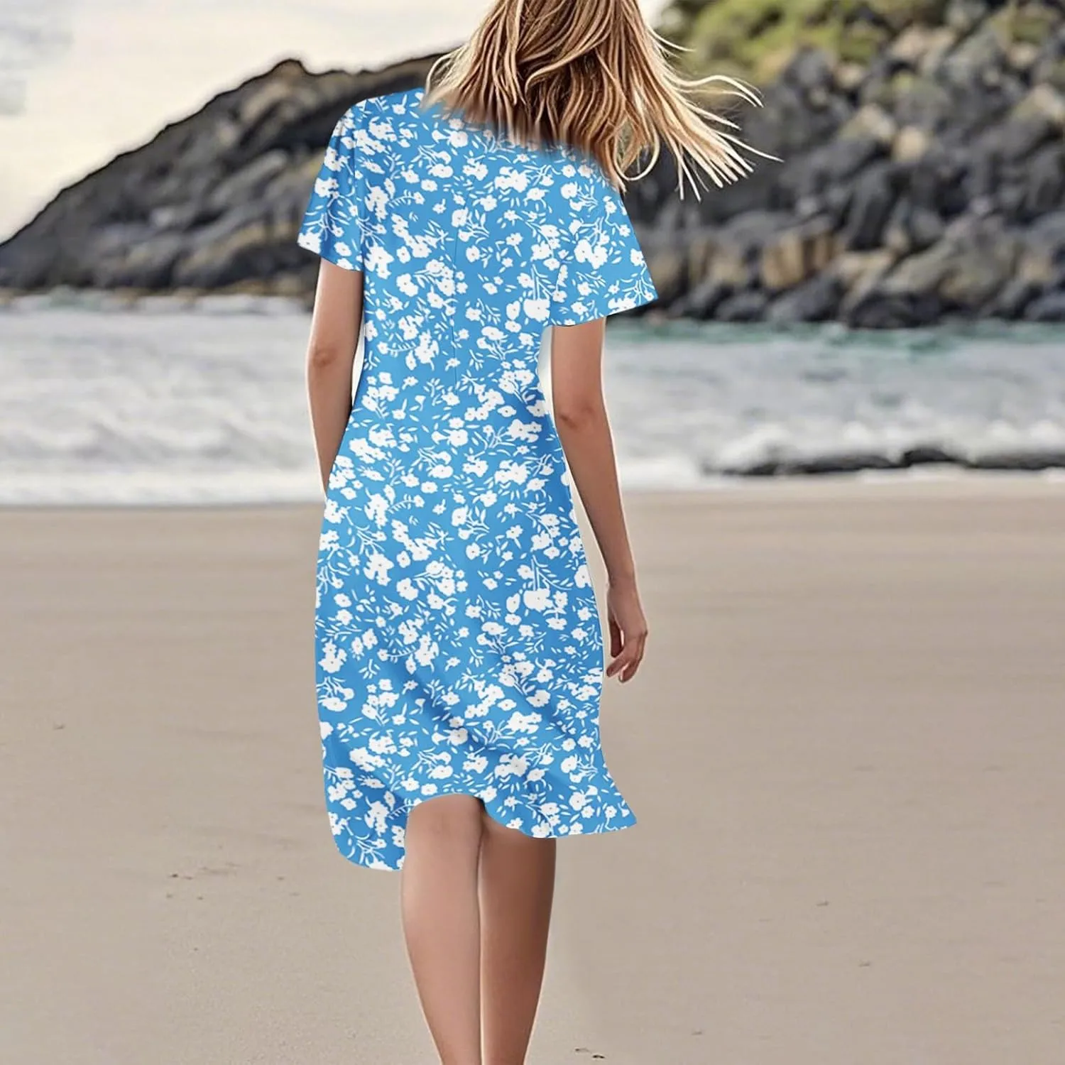Summer Dresses for Women 205 Trendy Vacation V Neck Short Sleeve Knee Length Midi Boho Floral Flowy Sundresses