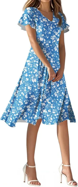Summer Dresses for Women 205 Trendy Vacation V Neck Short Sleeve Knee Length Midi Boho Floral Flowy Sundresses