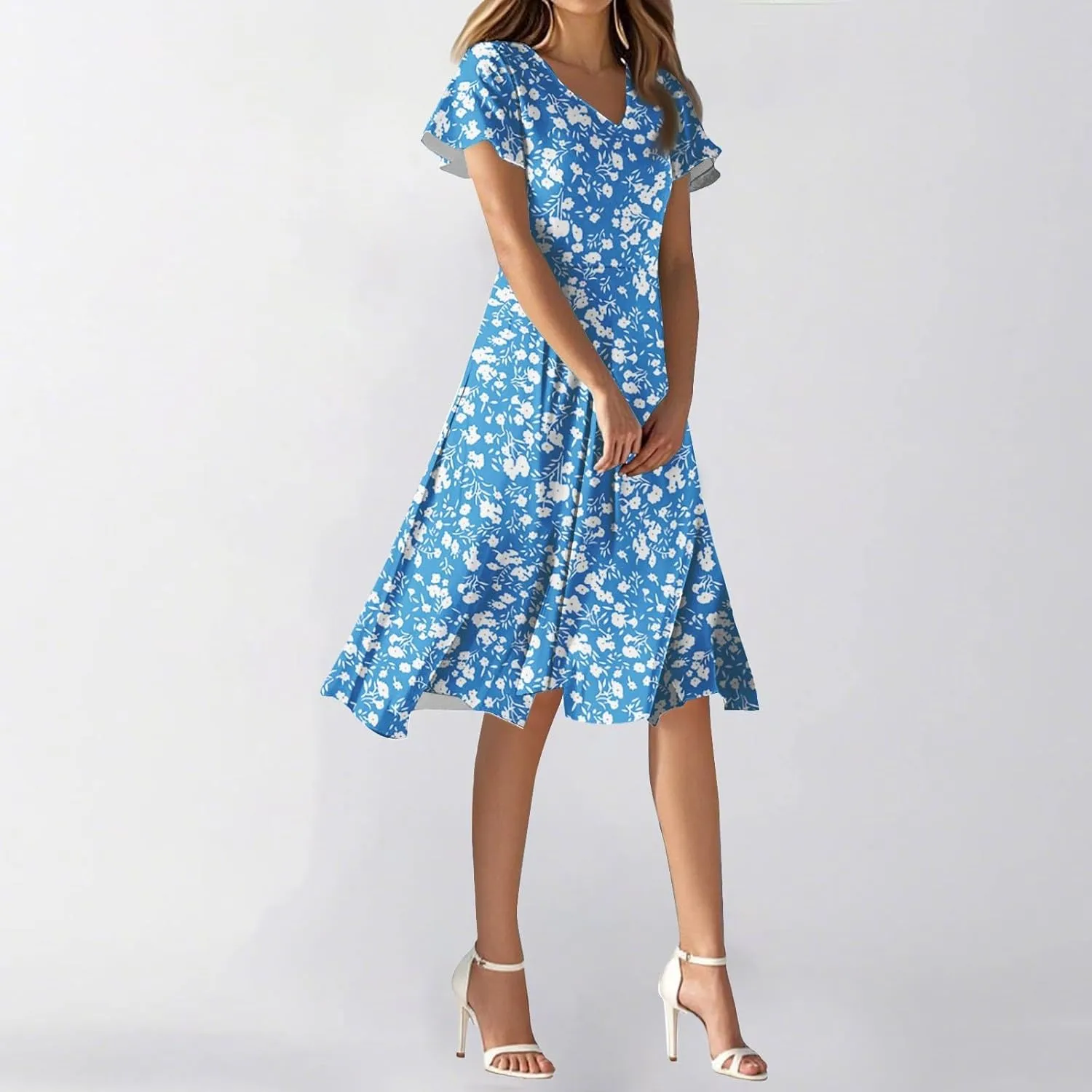 Summer Dresses for Women 205 Trendy Vacation V Neck Short Sleeve Knee Length Midi Boho Floral Flowy Sundresses