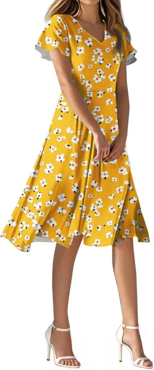 Summer Dresses for Women 205 Trendy Vacation V Neck Short Sleeve Knee Length Midi Boho Floral Flowy Sundresses
