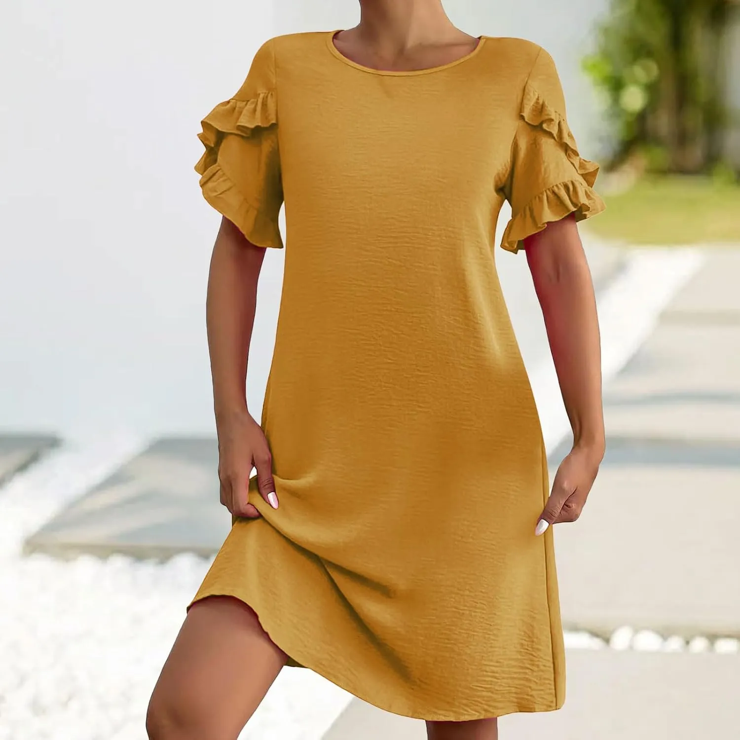 Summer Dresses for Women Ruffle Short Sleeve A-Line Dresses Casual Crew Neck Dress Casual Beach Mini Tshirt Dress