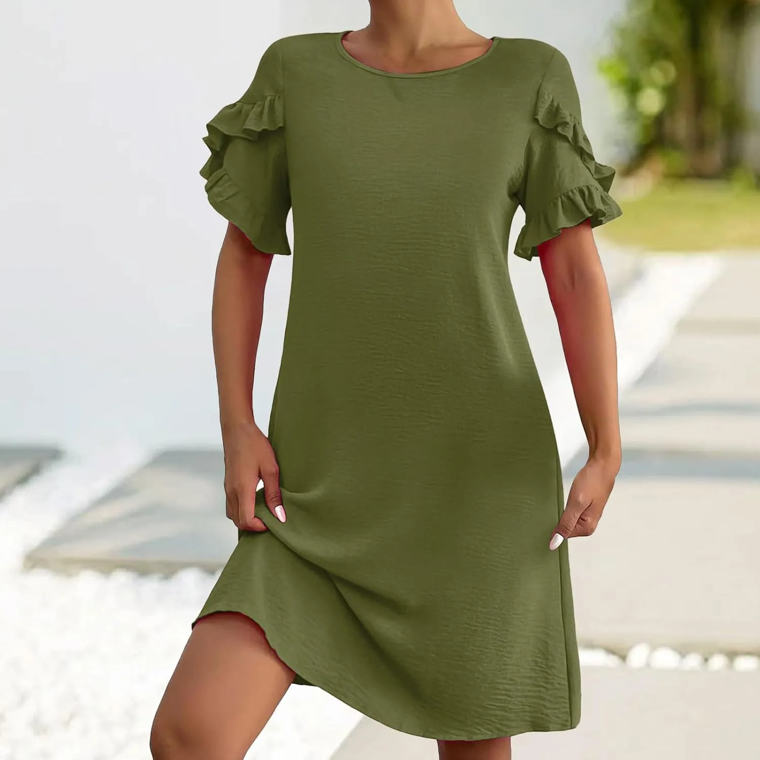 Summer Dresses for Women Ruffle Short Sleeve A-Line Dresses Casual Crew Neck Dress Casual Beach Mini Tshirt Dress
