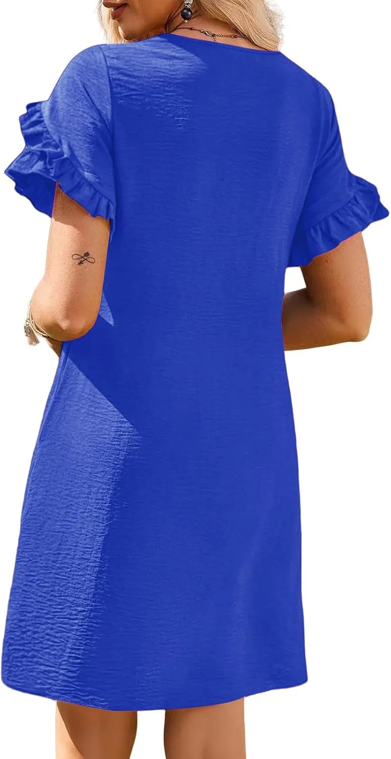 Summer Dresses for Women Ruffle Short Sleeve A-Line Dresses Casual Crew Neck Dress Casual Beach Mini Tshirt Dress