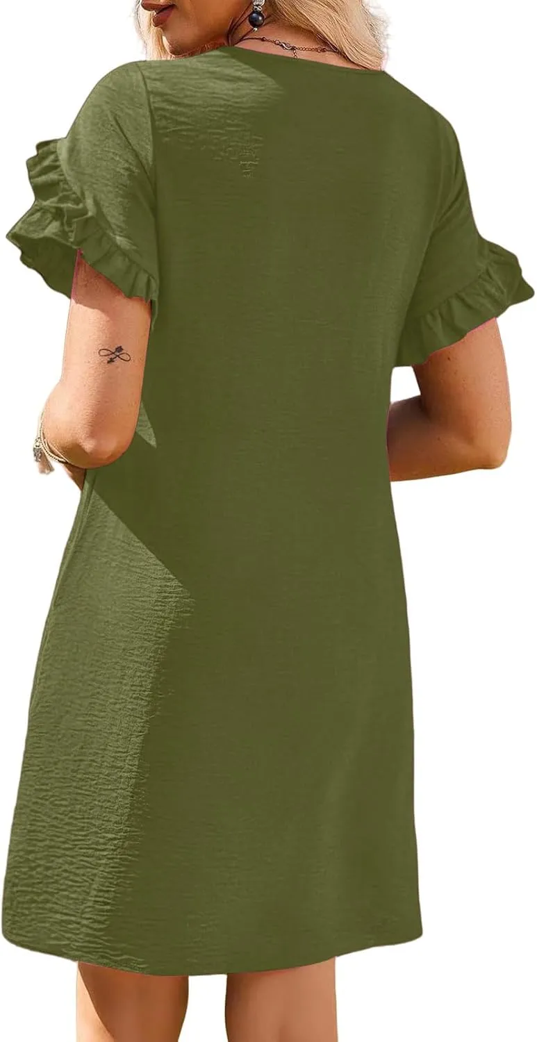 Summer Dresses for Women Ruffle Short Sleeve A-Line Dresses Casual Crew Neck Dress Casual Beach Mini Tshirt Dress