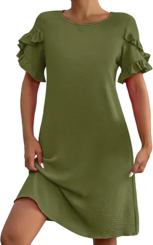 Summer Dresses for Women Ruffle Short Sleeve A-Line Dresses Casual Crew Neck Dress Casual Beach Mini Tshirt Dress