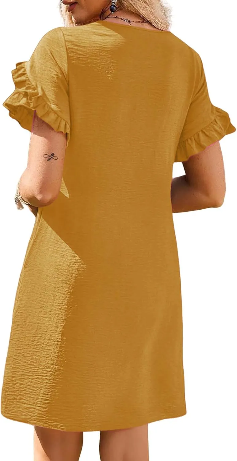 Summer Dresses for Women Ruffle Short Sleeve A-Line Dresses Casual Crew Neck Dress Casual Beach Mini Tshirt Dress