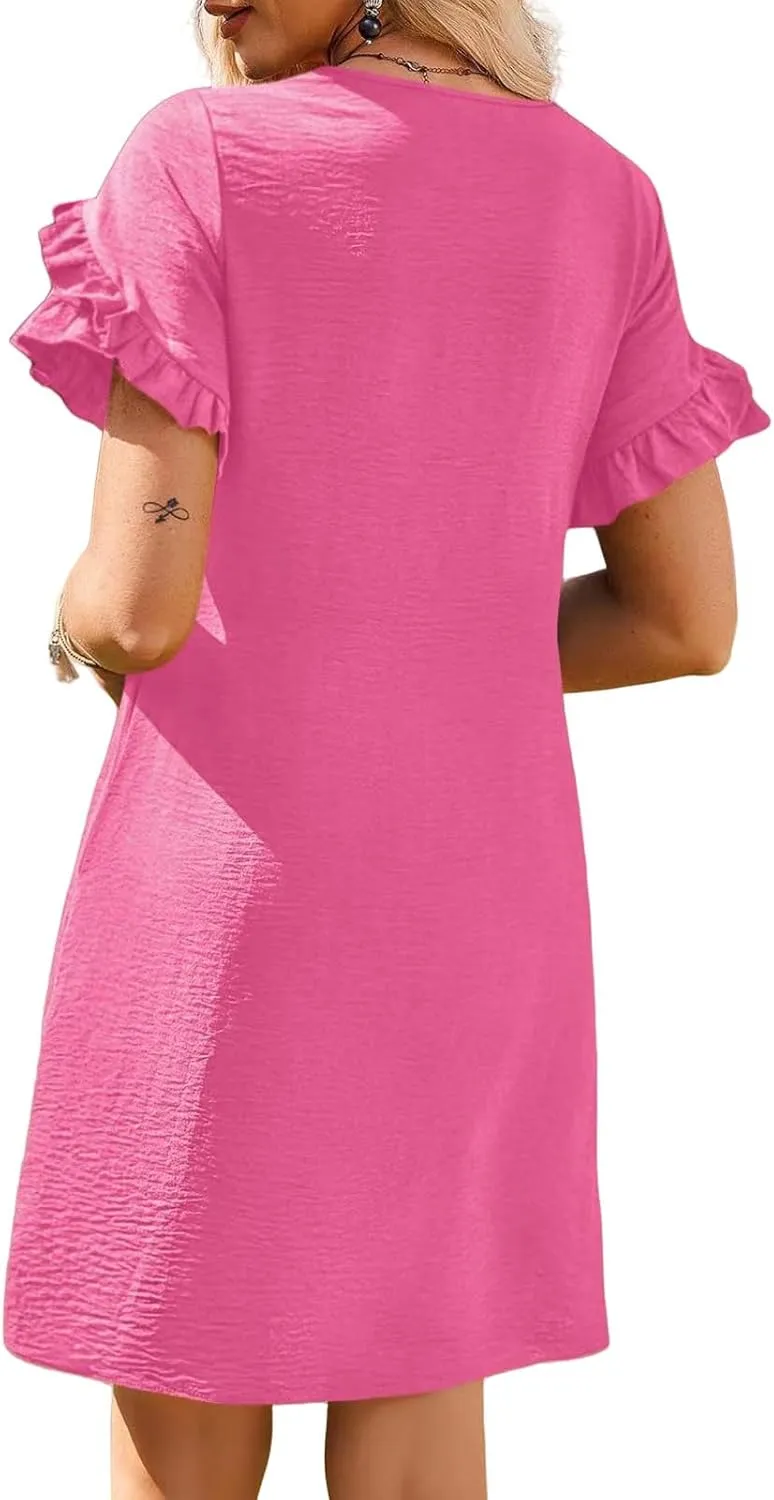 Summer Dresses for Women Ruffle Short Sleeve A-Line Dresses Casual Crew Neck Dress Casual Beach Mini Tshirt Dress