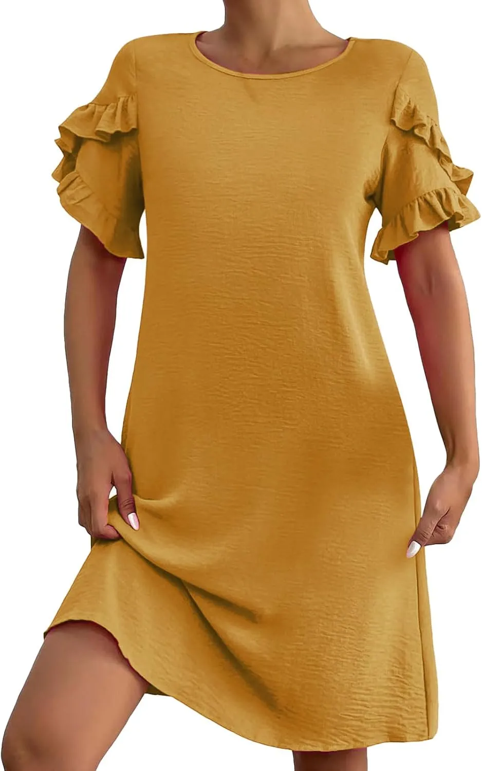 Summer Dresses for Women Ruffle Short Sleeve A-Line Dresses Casual Crew Neck Dress Casual Beach Mini Tshirt Dress