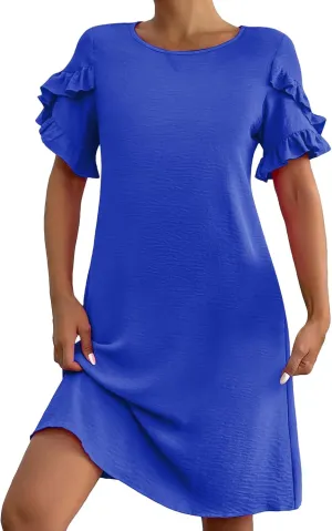 Summer Dresses for Women Ruffle Short Sleeve A-Line Dresses Casual Crew Neck Dress Casual Beach Mini Tshirt Dress