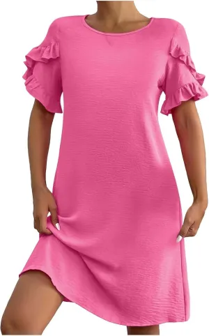 Summer Dresses for Women Ruffle Short Sleeve A-Line Dresses Casual Crew Neck Dress Casual Beach Mini Tshirt Dress