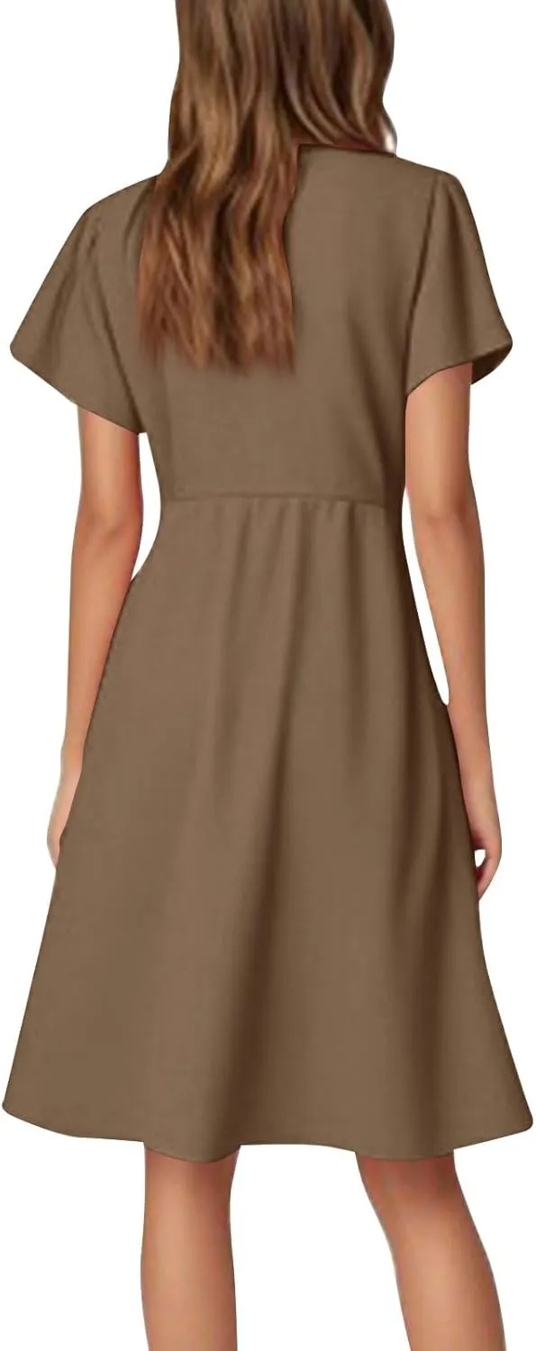 Summer Dresses for Women V Neck Ruffle Sleeve Wedding Guest Dresses Semi Formal Casual Party Modest Flowy Midi Dress
