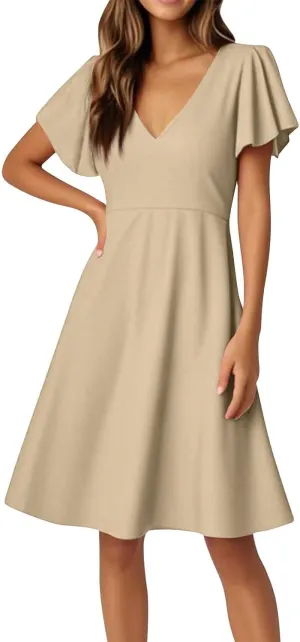 Summer Dresses for Women V Neck Ruffle Sleeve Wedding Guest Dresses Semi Formal Casual Party Modest Flowy Midi Dress
