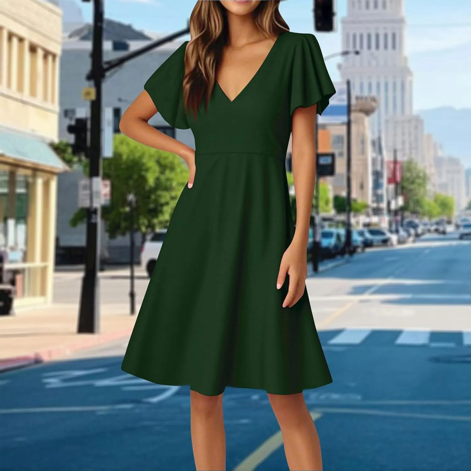 Summer Dresses for Women V Neck Ruffle Sleeve Wedding Guest Dresses Semi Formal Casual Party Modest Flowy Midi Dress