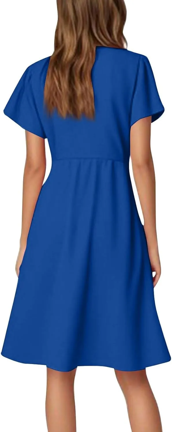 Summer Dresses for Women V Neck Ruffle Sleeve Wedding Guest Dresses Semi Formal Casual Party Modest Flowy Midi Dress