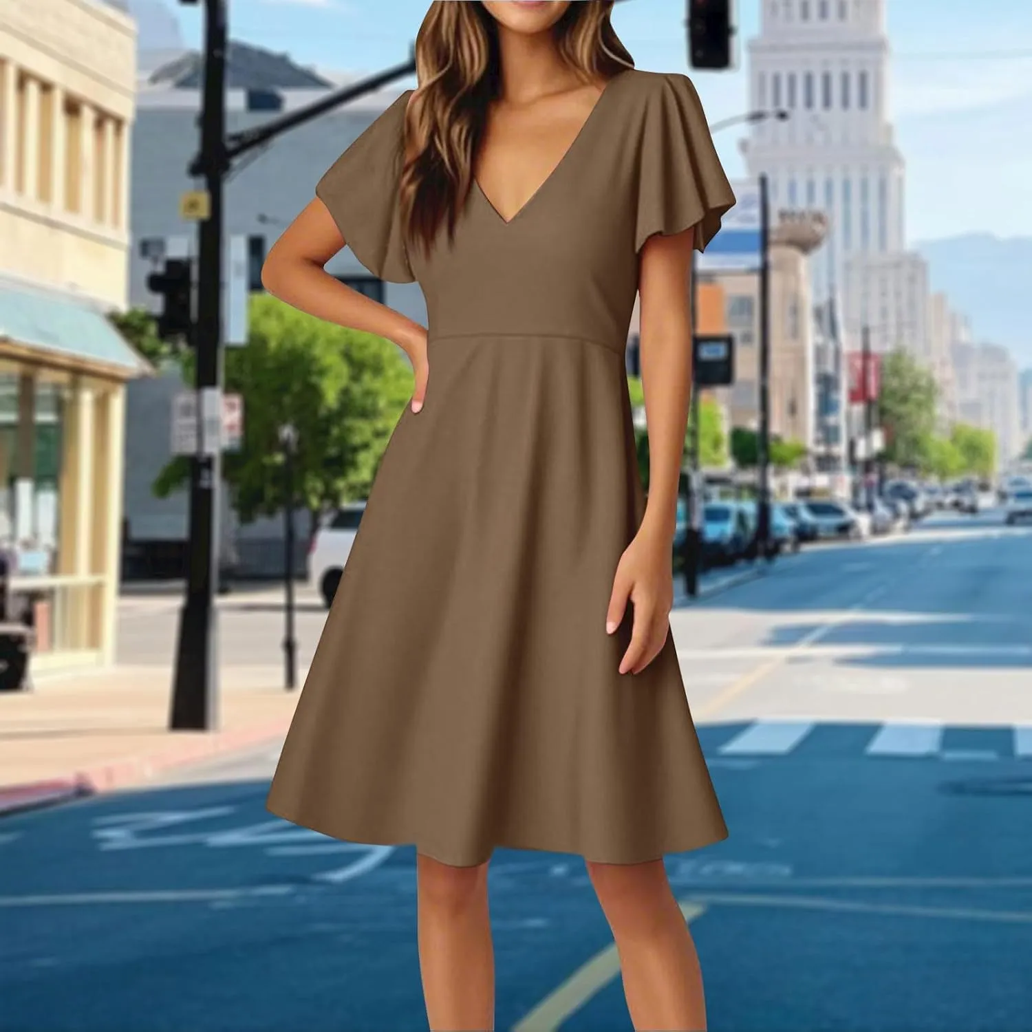 Summer Dresses for Women V Neck Ruffle Sleeve Wedding Guest Dresses Semi Formal Casual Party Modest Flowy Midi Dress