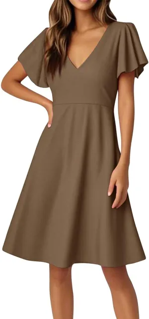 Summer Dresses for Women V Neck Ruffle Sleeve Wedding Guest Dresses Semi Formal Casual Party Modest Flowy Midi Dress