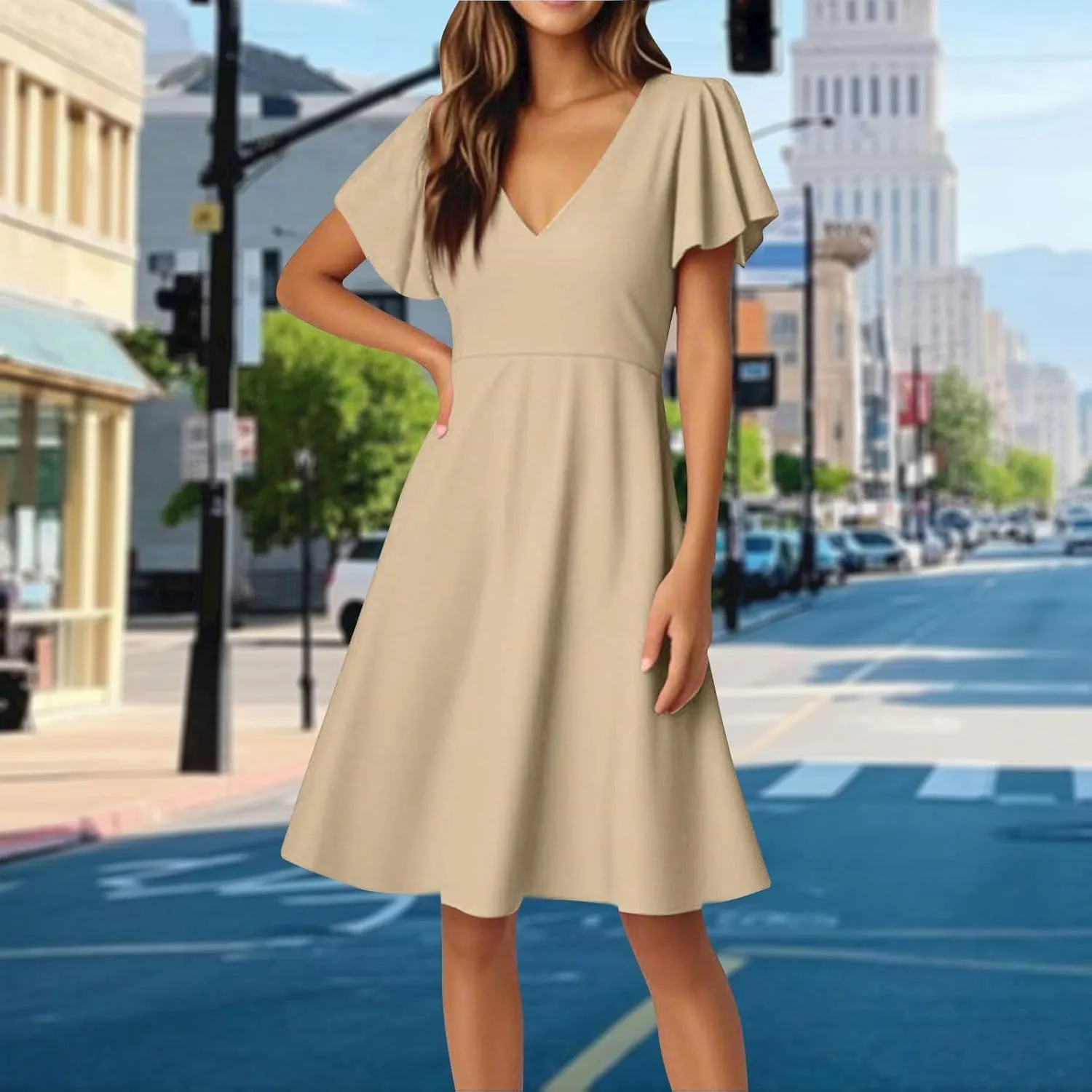 Summer Dresses for Women V Neck Ruffle Sleeve Wedding Guest Dresses Semi Formal Casual Party Modest Flowy Midi Dress