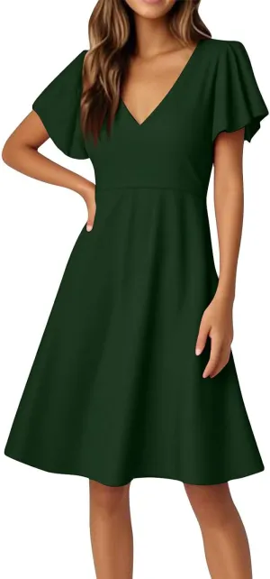 Summer Dresses for Women V Neck Ruffle Sleeve Wedding Guest Dresses Semi Formal Casual Party Modest Flowy Midi Dress