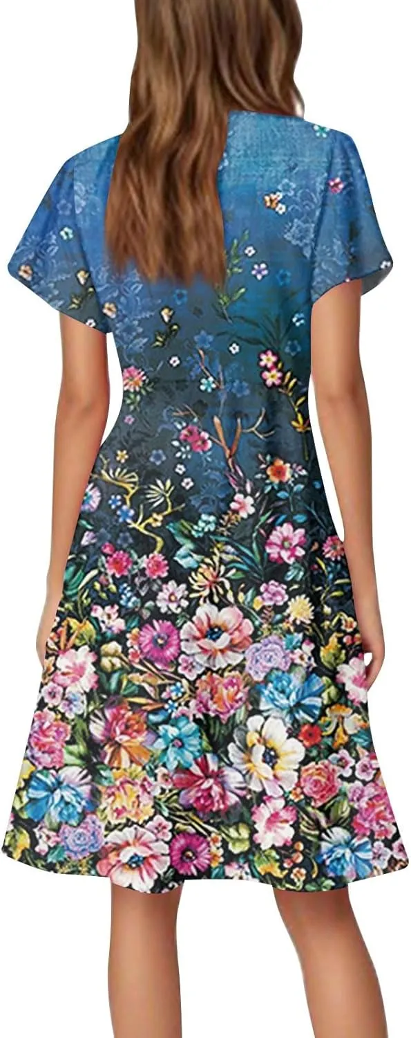 Summer Dresses for Women V Neck Ruffle Sleeve Wedding Guest Dresses Semi Formal Casual Party Modest Flowy Midi Dress