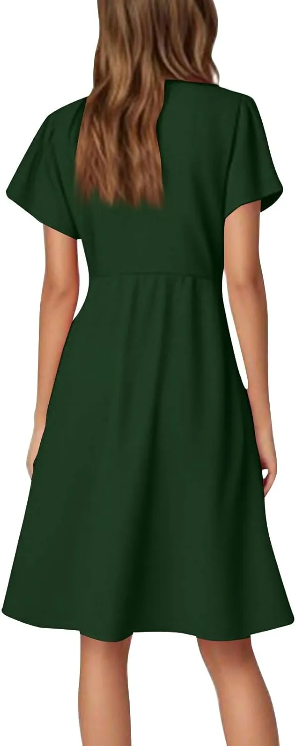 Summer Dresses for Women V Neck Ruffle Sleeve Wedding Guest Dresses Semi Formal Casual Party Modest Flowy Midi Dress