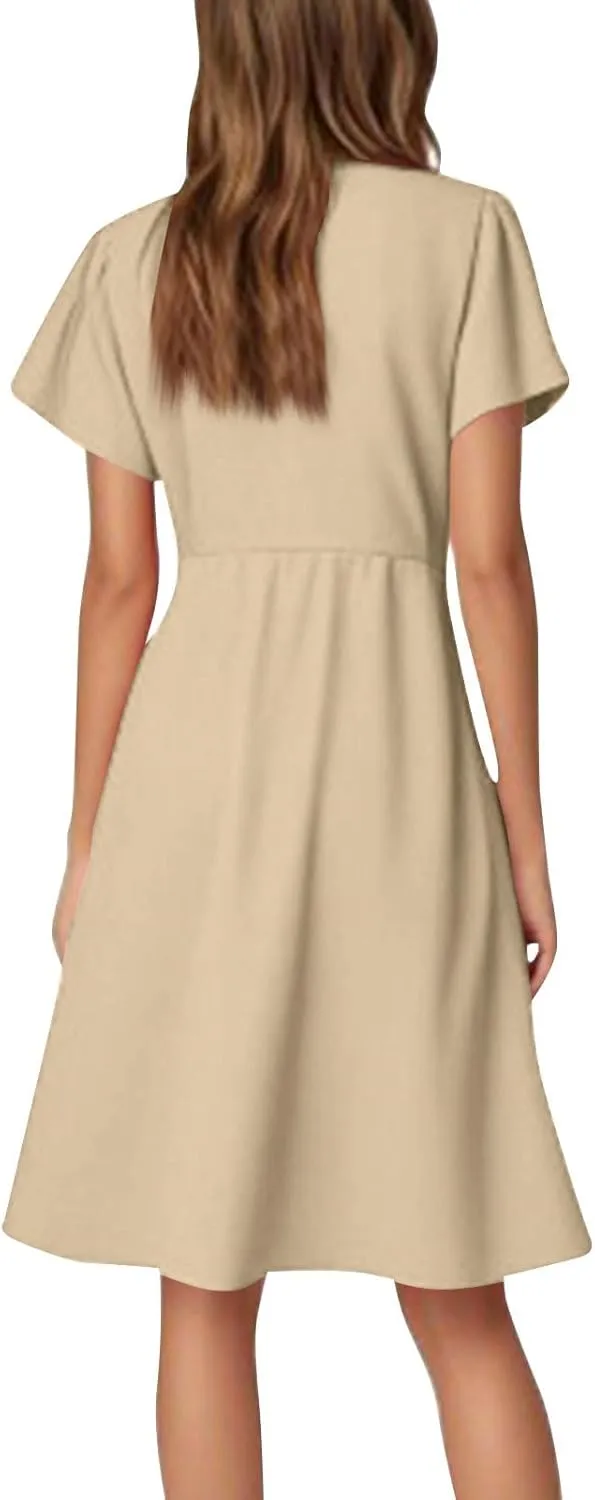 Summer Dresses for Women V Neck Ruffle Sleeve Wedding Guest Dresses Semi Formal Casual Party Modest Flowy Midi Dress