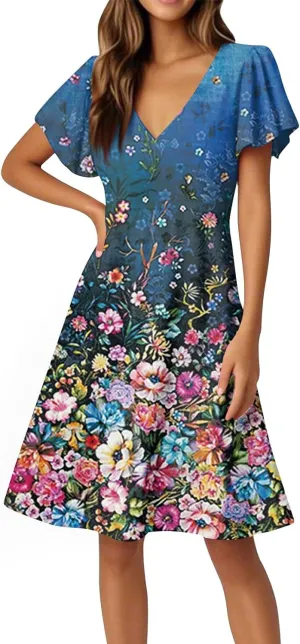 Summer Dresses for Women V Neck Ruffle Sleeve Wedding Guest Dresses Semi Formal Casual Party Modest Flowy Midi Dress