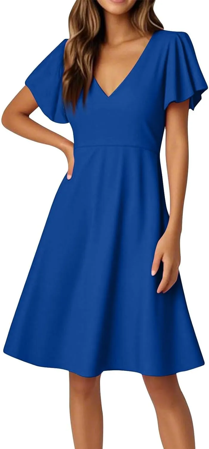 Summer Dresses for Women V Neck Ruffle Sleeve Wedding Guest Dresses Semi Formal Casual Party Modest Flowy Midi Dress