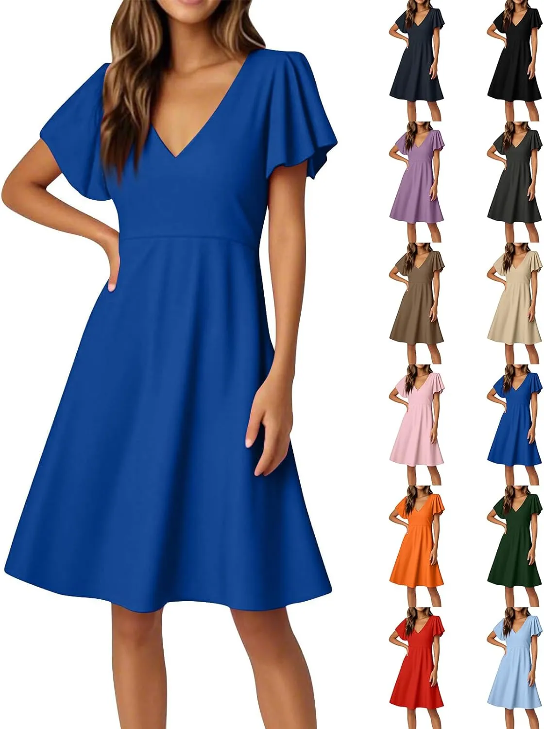 Summer Dresses for Women V Neck Ruffle Sleeve Wedding Guest Dresses Semi Formal Casual Party Modest Flowy Midi Dress