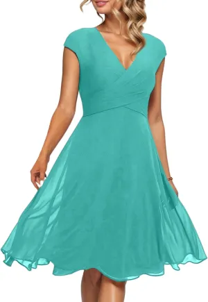 Summer Floral Chiffon Dresses for Women 2025 Midi Trendy Flowy Swing Empire Waist Cap Sleeve V Neck A Line Dress
