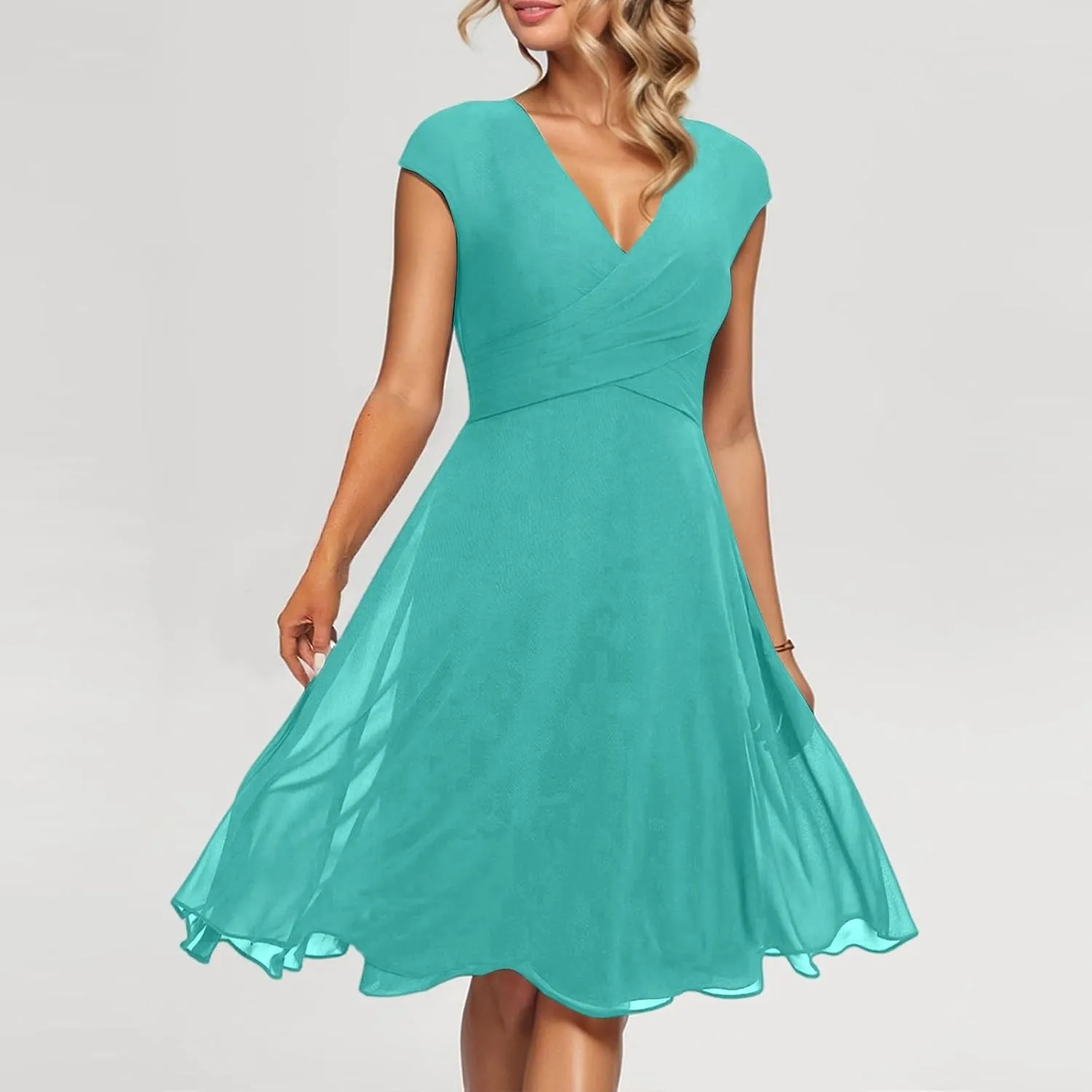 Summer Floral Chiffon Dresses for Women 2025 Midi Trendy Flowy Swing Empire Waist Cap Sleeve V Neck A Line Dress