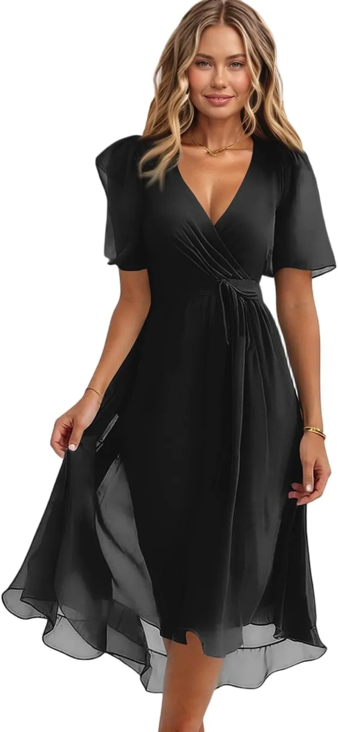 Summer Floral Chiffon Dresses for Women 2025 Midi Trendy Short Sleeve V Neck Tie Elastic Waist Flowy Swing A Line Dress
