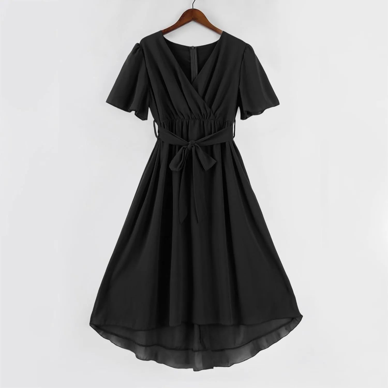 Summer Floral Chiffon Dresses for Women 2025 Midi Trendy Short Sleeve V Neck Tie Elastic Waist Flowy Swing A Line Dress