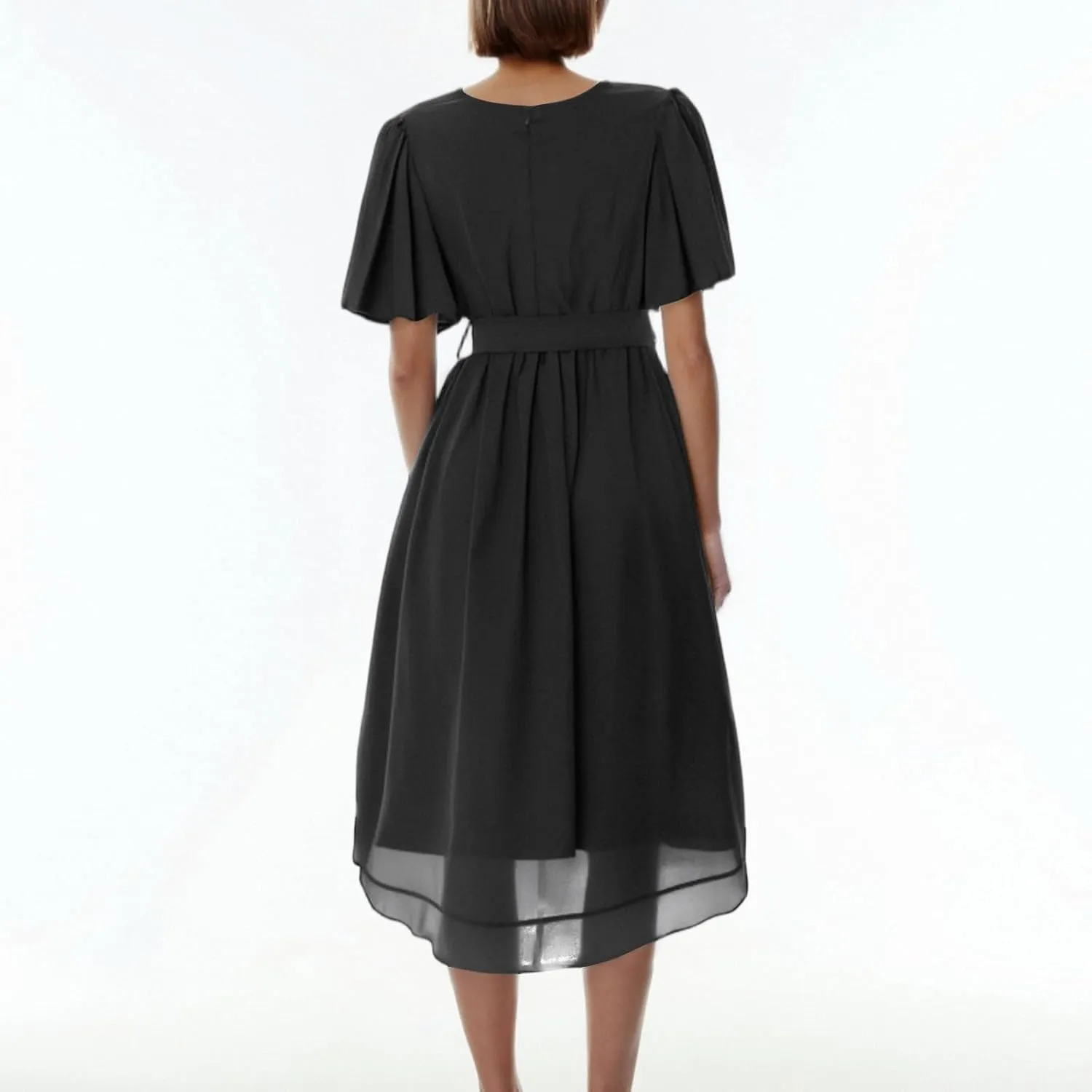 Summer Floral Chiffon Dresses for Women 2025 Midi Trendy Short Sleeve V Neck Tie Elastic Waist Flowy Swing A Line Dress