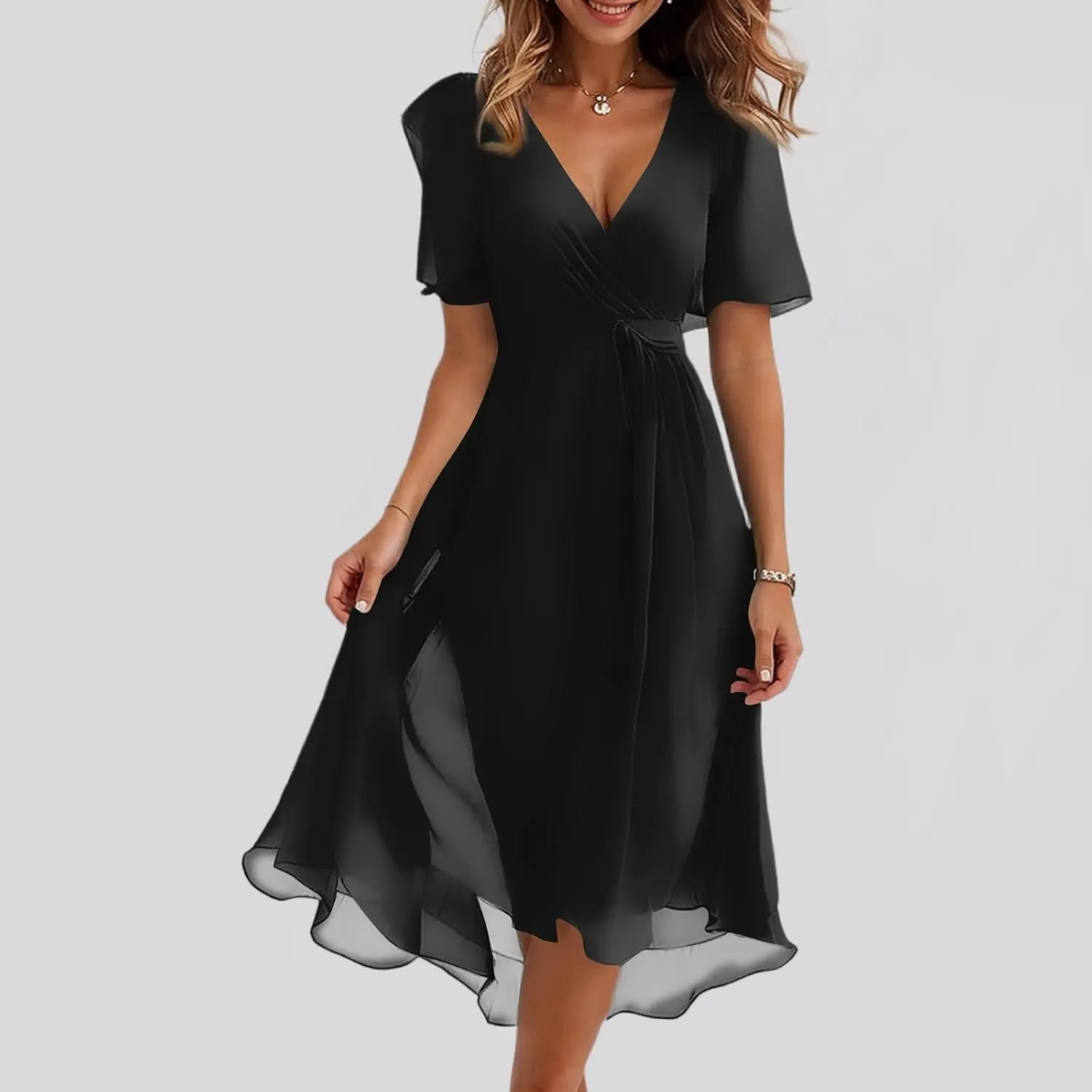 Summer Floral Chiffon Dresses for Women 2025 Midi Trendy Short Sleeve V Neck Tie Elastic Waist Flowy Swing A Line Dress