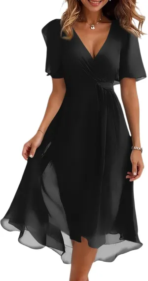 Summer Floral Chiffon Dresses for Women 2025 Midi Trendy Short Sleeve V Neck Tie Elastic Waist Flowy Swing A Line Dress