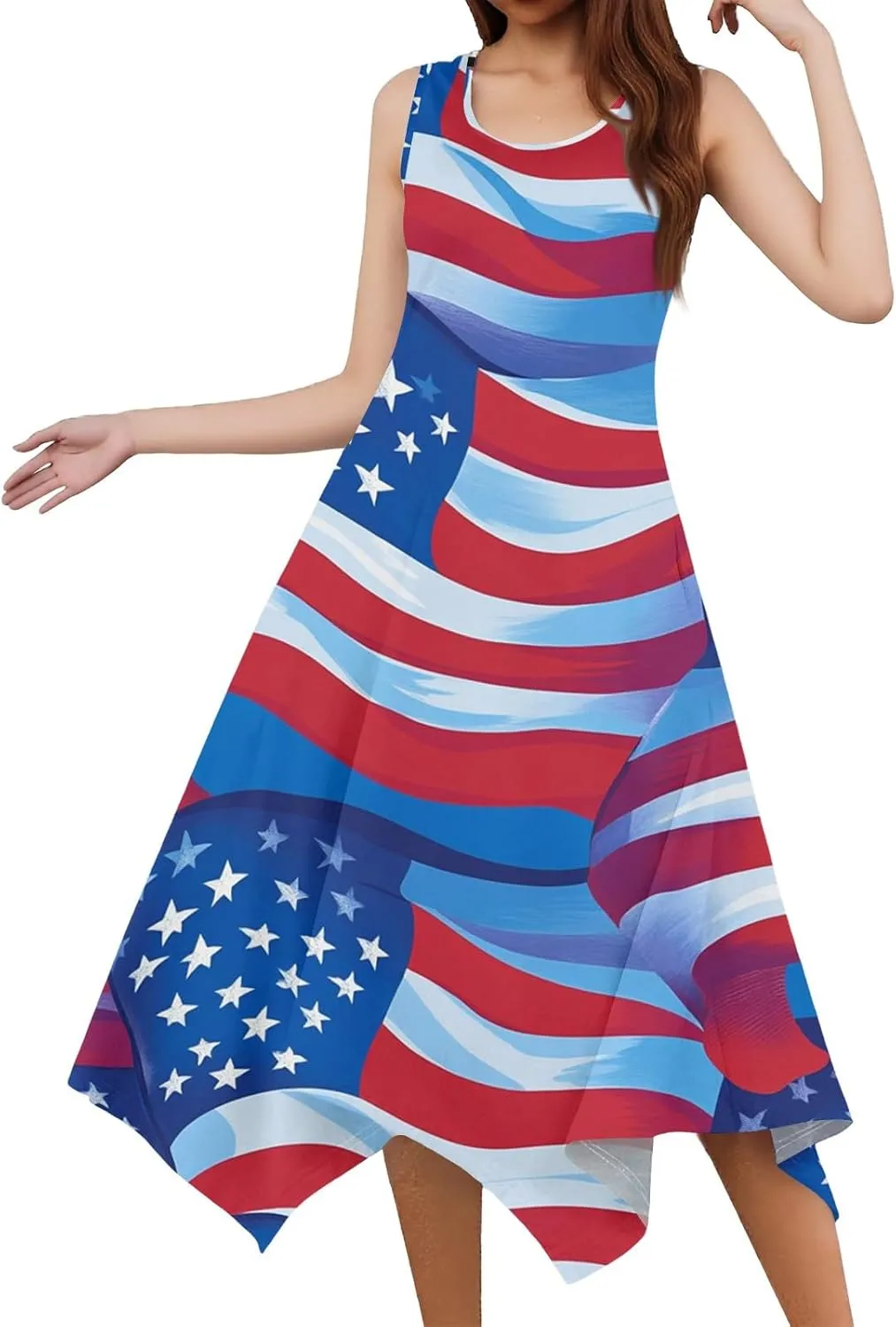 Sun Dresses for Women 2025 Vacation Summer Midi Sleeveless Irregular Hem Dress U-Neck Dresses A Line with Pockets