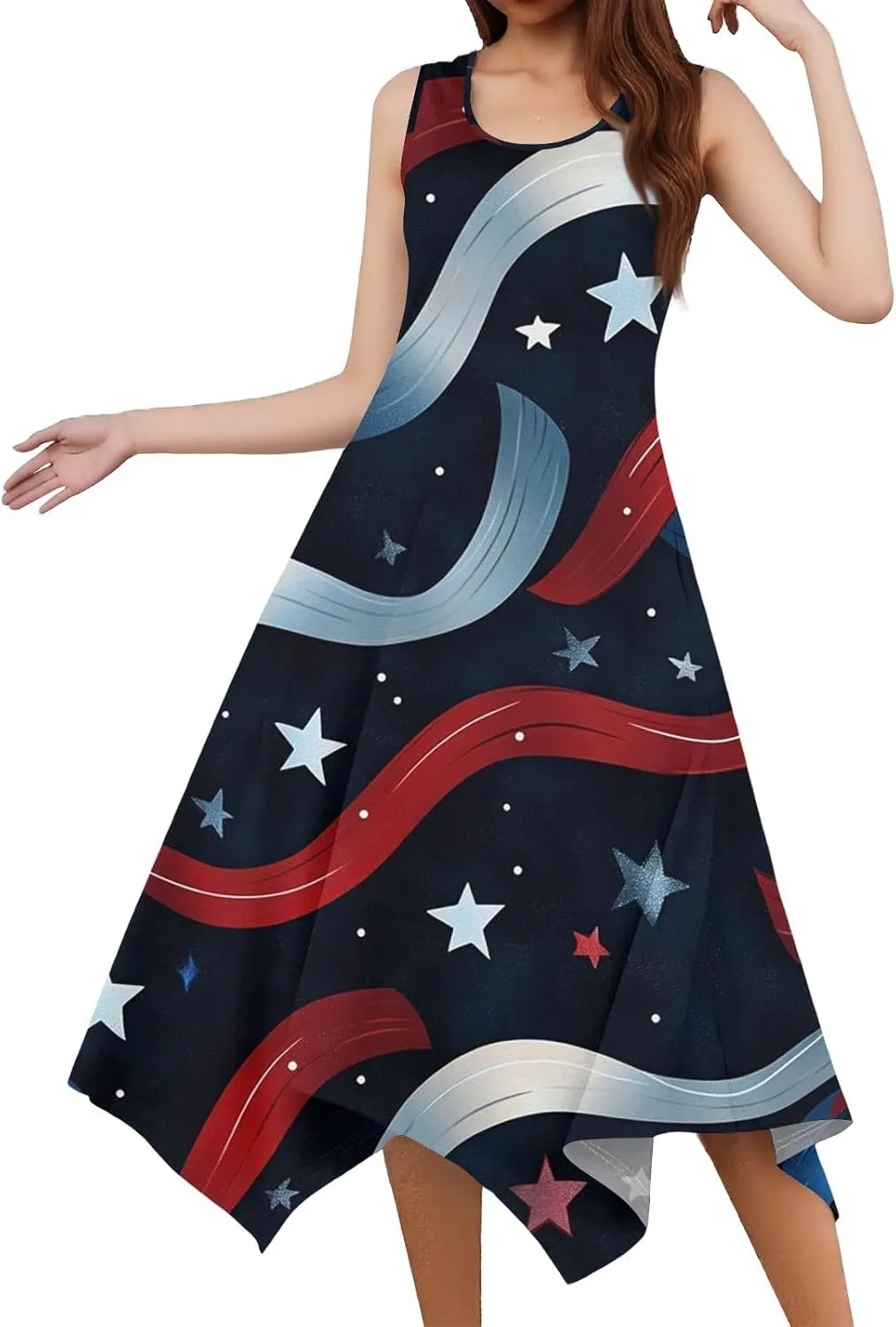 Sun Dresses for Women 2025 Vacation Summer Midi Sleeveless Irregular Hem Dress U-Neck Dresses A Line with Pockets