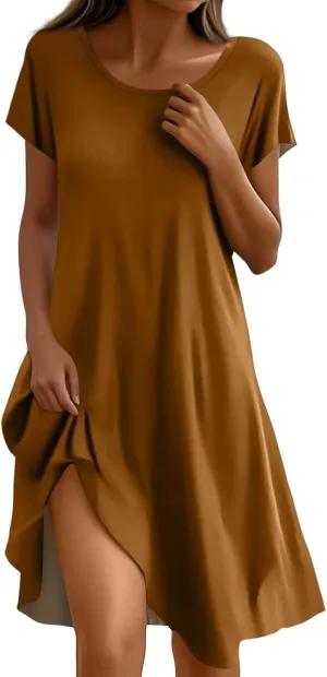 Sundresses for Women 2025 Casual Beach Vacation Summer Dresses Scoop Neck Short Sleeve Knee Length Midi Dress