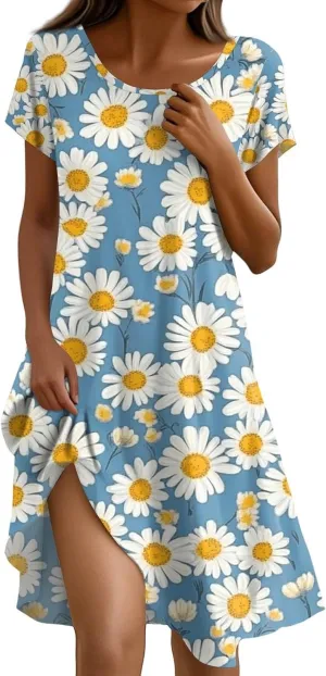 Sundresses for Women 2025 Casual Beach Vacation Summer Dresses Scoop Neck Short Sleeve Knee Length Midi Dress