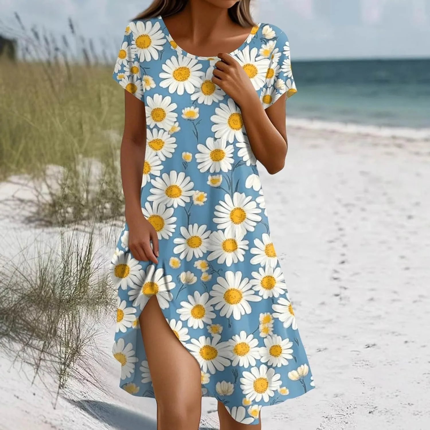 Sundresses for Women 2025 Casual Beach Vacation Summer Dresses Scoop Neck Short Sleeve Knee Length Midi Dress